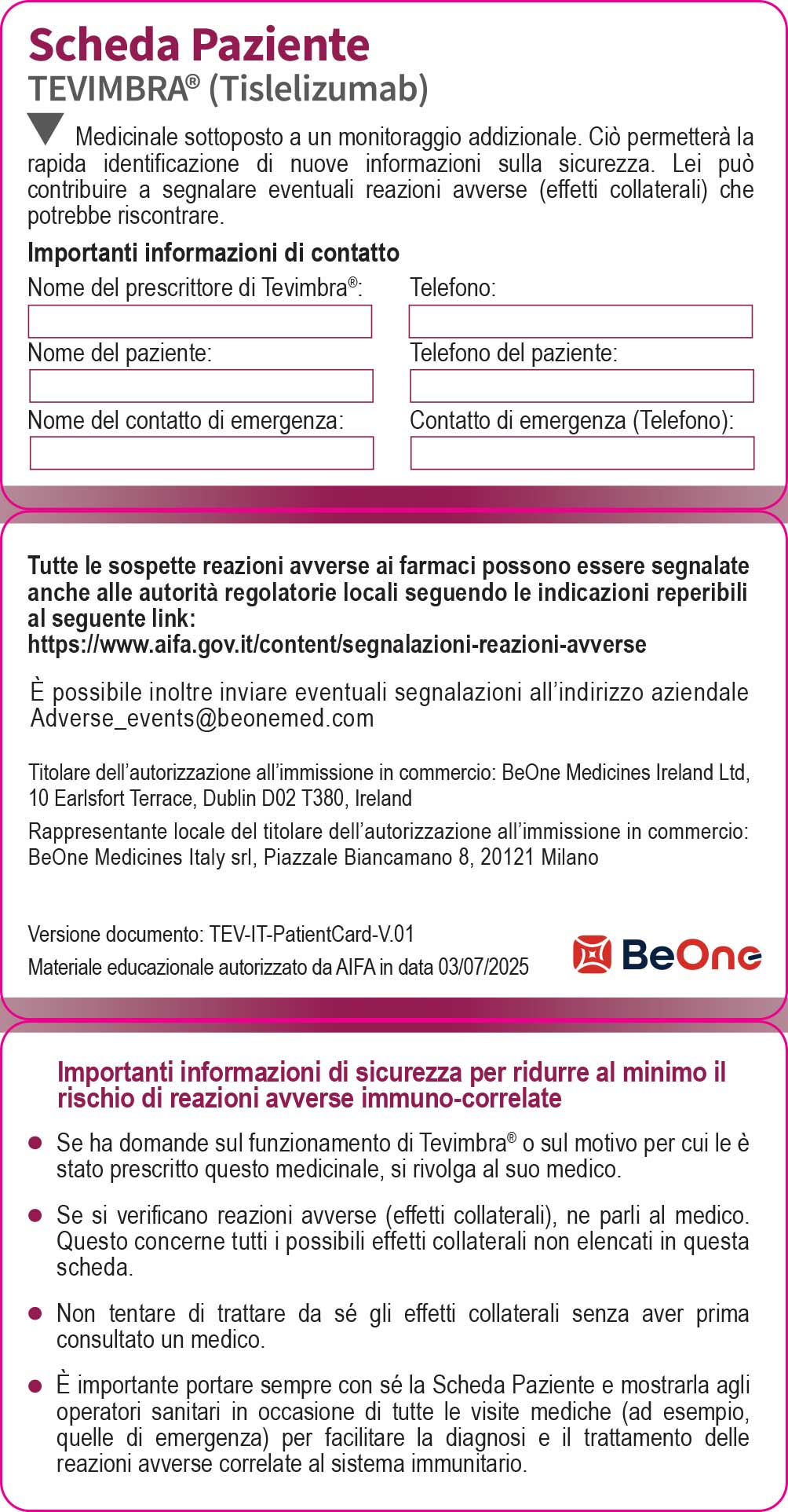 Scheda paziente Tevimbra (Tislelizumab)