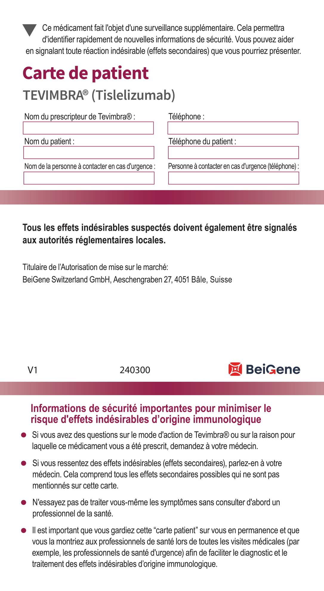 Carte de patient Tevimbra (Tislelizumab)