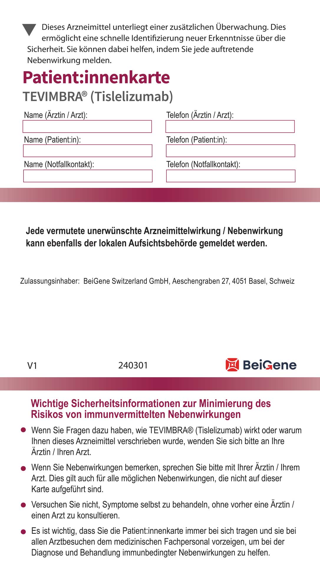 Patientenkarte Tevimbra (Tislelizumab)