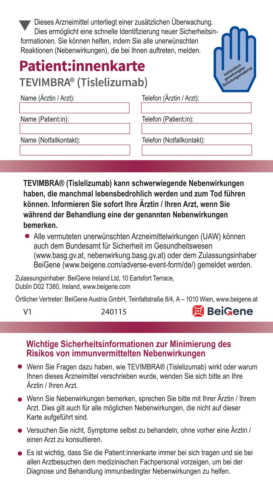 Tevimbra® (Tislelizumab): Patient:innenkarte