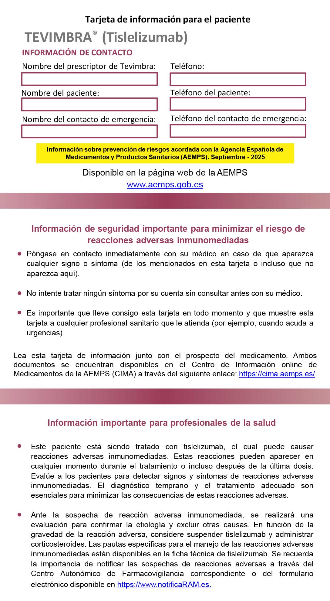 TEVIMBRA (Tislelizumab): Tarjeta de información para el paciente