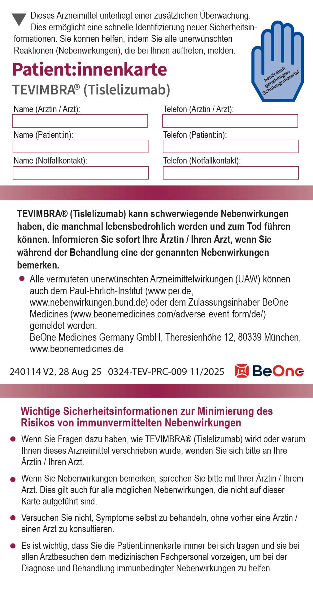 Tevimbra (Tislelizumab): Patient:innenkarte