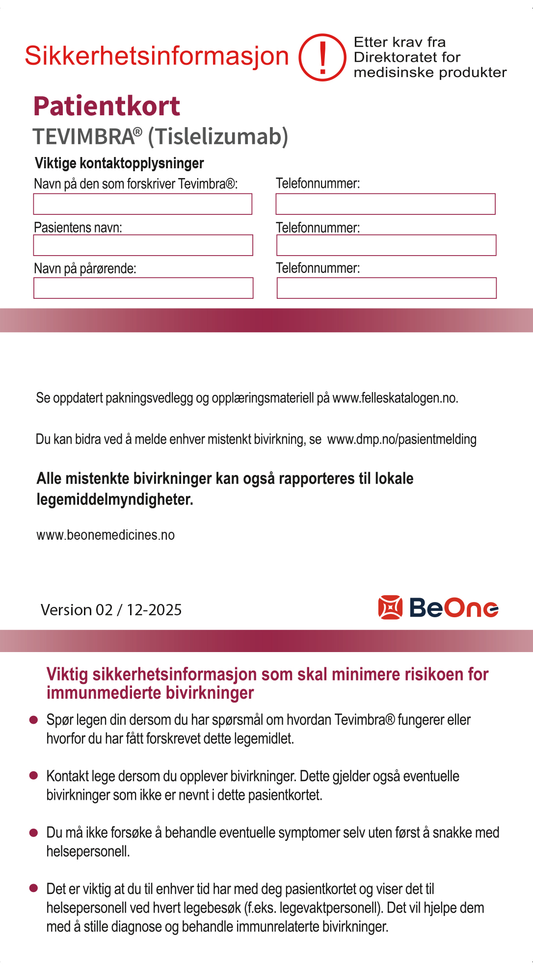Tevimbra (tislelizumab): Pasientkort