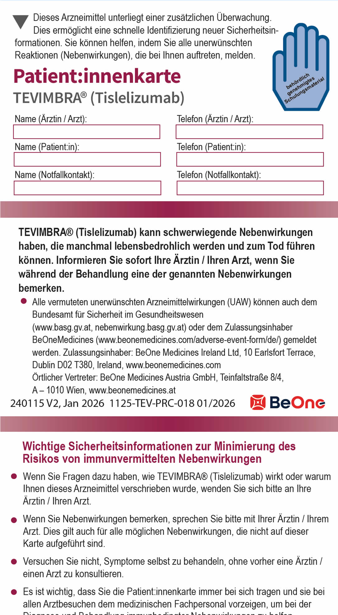 Tevimbra® (Tislelizumab): Patient:innenkarte
