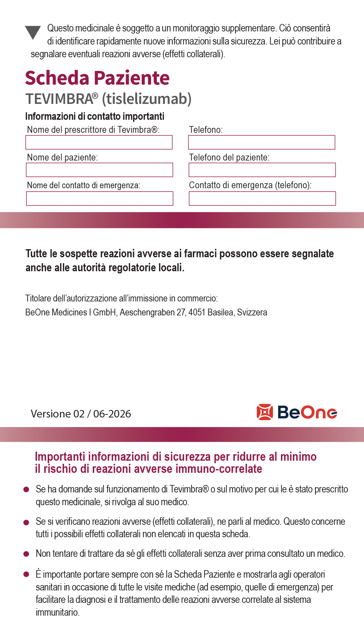 Scheda paziente Tevimbra (Tislelizumab)